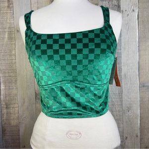 Colsie Size XS Green Velvet Checkered Crop Top Bralette With Adjustable …